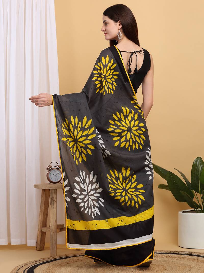 Black Floral Printed Saree with Yellow Border With Blouse Piece view 3